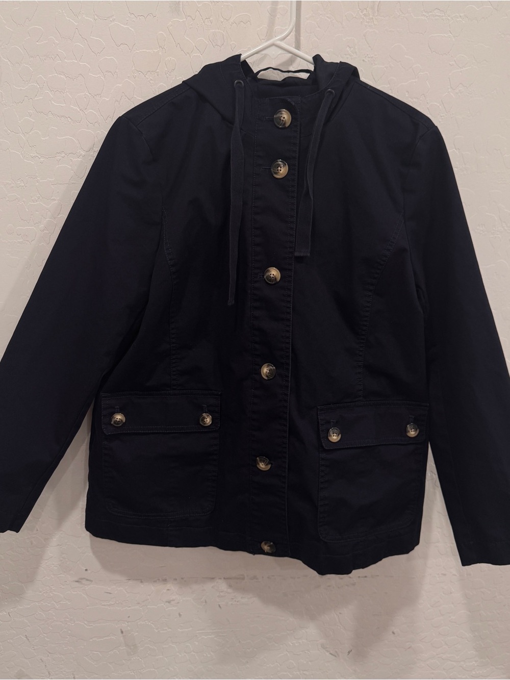 Talbots Navy Hooded Utility Jacket Womens Medium Preppy Coastal Fisherman Cotton